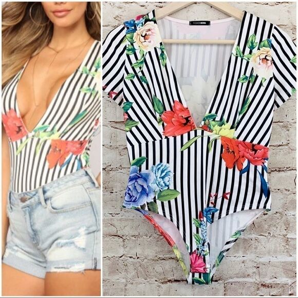 Fashion Nova floral striped bodysuit - Picture 1 of 7